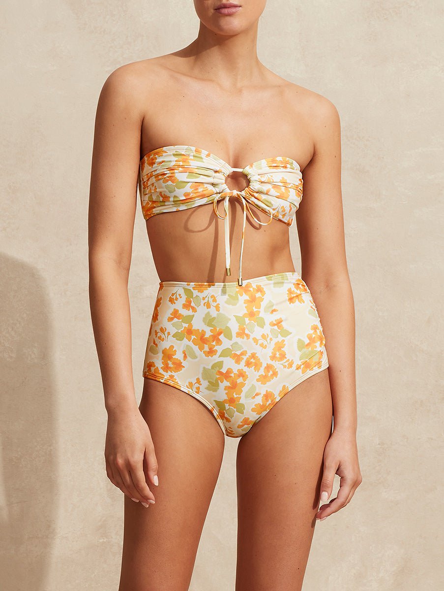  Public Figure | Peony Swim | Pleated Bandeau Bikini Top - Lilium Floral Orange Print